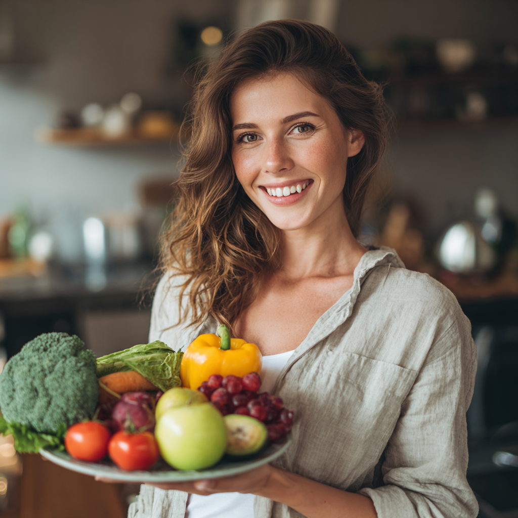 Щаслива жінка європейської зовнішності віком 35-40 років з посмішкою, що тримає тарілку зі здоровою їжею, реалістичний стиль